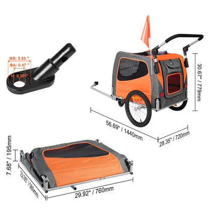fietskar hond – hondenfietskar – hondenaanhanger – hondenbuggy – hondenkar – Opvouwbaar Frame – Draagvermogen 30 kg – Universele Koppeling – Reflectoren – Oranje/Grijs