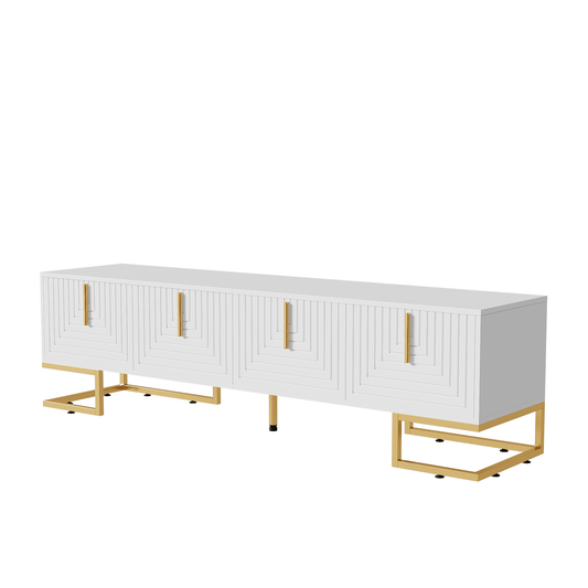 TV Lowboard – TV Meubel – TV Kast – Mediamöbel – Sideboard – Wit – Gestructureerde Voorkant – 4 Deuren Met Opbergruimte – Gouden Handgrepen & Verstelbare Poten – 170x40x45,5 cm
