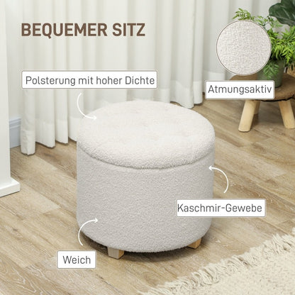 Opbergpoef – Opbergkoffer – Zitbankje – Voetenbank – Poef – Rond Design – Wit Met Houten Poten – Met Deksel