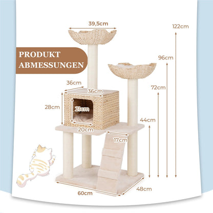 Krabpaal – Kattenpaal – Klimpaal – Krabmeubel – Krabton – Multilevel Klim- en Speelpaal – Sisal Krabpalen – Handgeweven Rattan Met Kussen – Beige – 122 Cm Hoog
