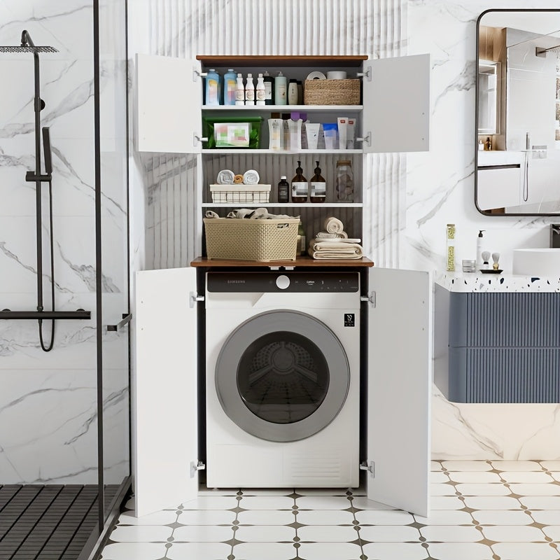 Opbergkast – Opbergmeubel – Kast – Bergkast – Opbergrek – Met Dubbele Deuren – Geschikt Voor Wasmachine 68x68x170cm – Wit – Verstelbare Planken – Stevig Hout