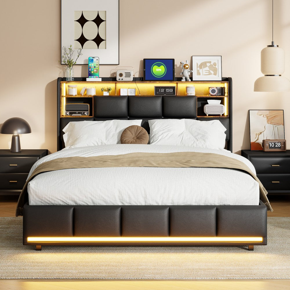Opbergbed – Gestoffeerd Bed – Tweepersoonsbed – Stapelbed – Slaapbank – Met LED-Verlichting en USB-C Poorten – Met Gasveer en Ruime Opbergruimte – Met PU Bekleding en Metalen Frame – 160x200 cm – Zonder Matras