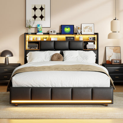 Opbergbed – Gestoffeerd Bed – Tweepersoonsbed – Stapelbed – Slaapbank – Met LED-Verlichting en USB-C Poorten – Met Gasveer en Ruime Opbergruimte – Met PU Bekleding en Metalen Frame – 160x200 cm – Zonder Matras