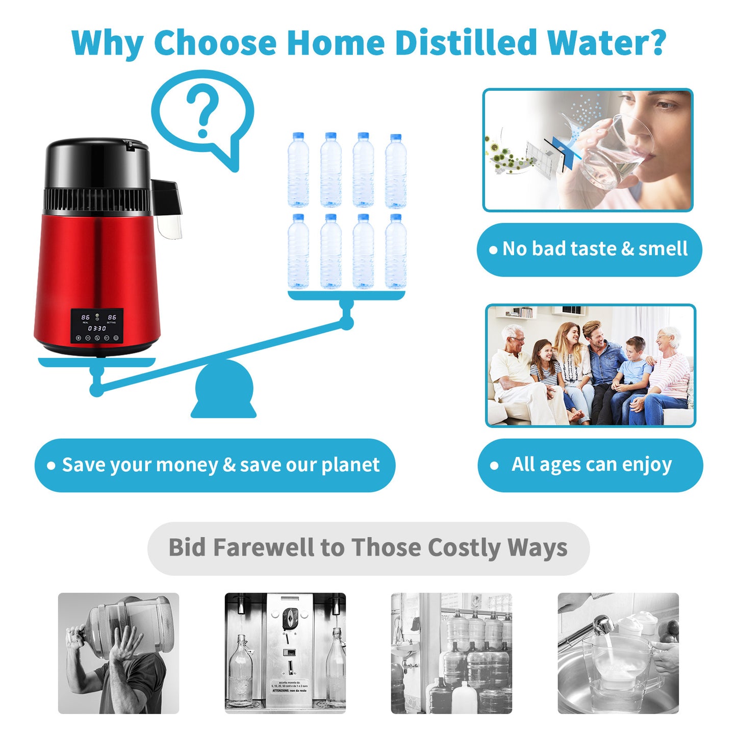 Waterdistilleerder – Waterzuiveraar – Drinkwaterfilter – Gedestilleerd water apparaat – Waterreiniger – 750 Watt vermogen – Timer 0-99 uur instelbaar