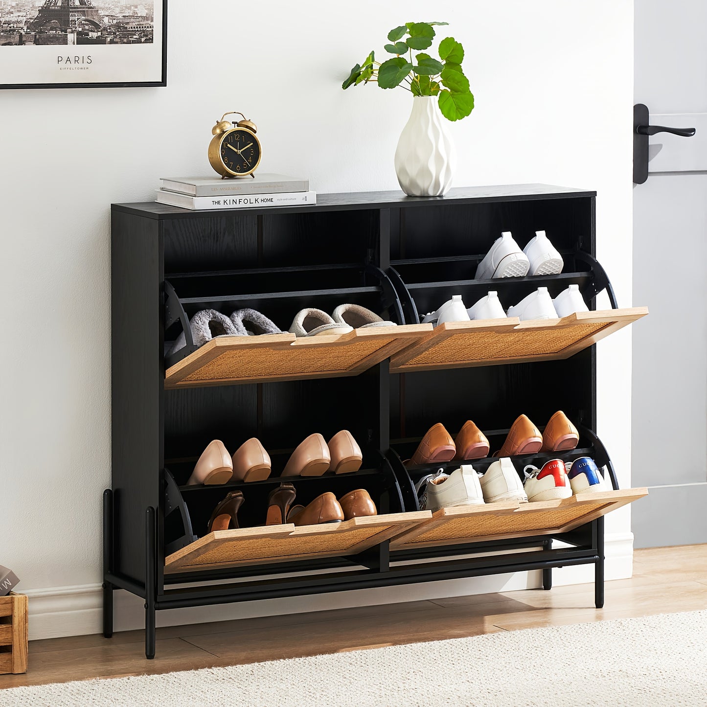 Natural Rattan Shoe Cabinet Organizer with Flip Doors - Freestanding Entryway Storage Cabinet, Large Capacity Shoe Rack with 3-Tier Adjustable Shelves, Space-Saving Modern Hallway Organizer for Living Room, Bedroom, Office -