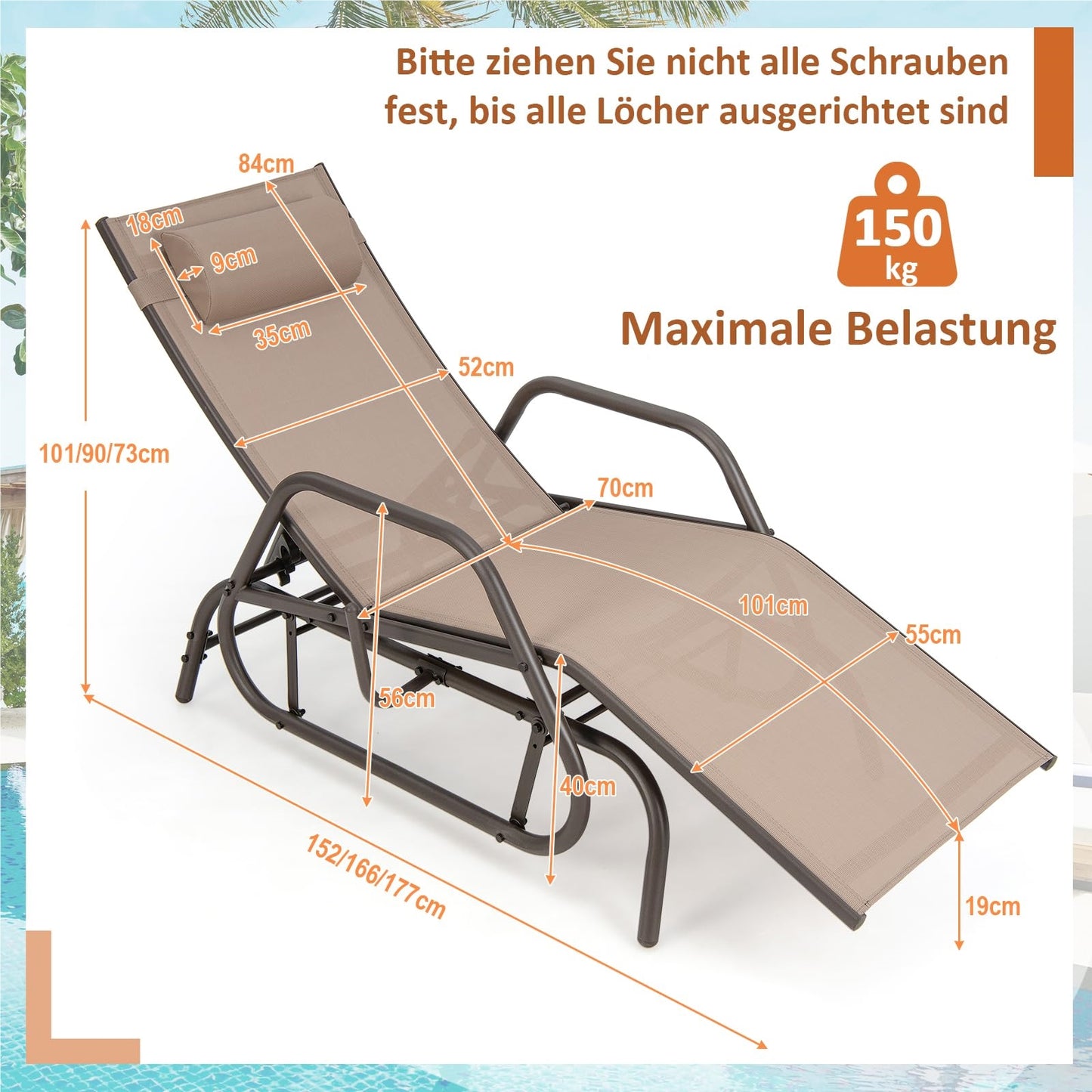 Ligbed – Ligstoel – Schommelstoel – Tuinstoel – Loungebed – 3-Standen Verstelbare Rugleuning – Ademend Sneldrogend Stof – Bruin