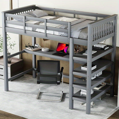 Hoogslaper – Loftbed – Stapelbed – Kinderbed – Eenpersoonsbed – Met Bureau en Opbergrekken – Metalen Stijlvol Frame – Ruimtebesparend Design – Grijs – Stevig en Duurzaam