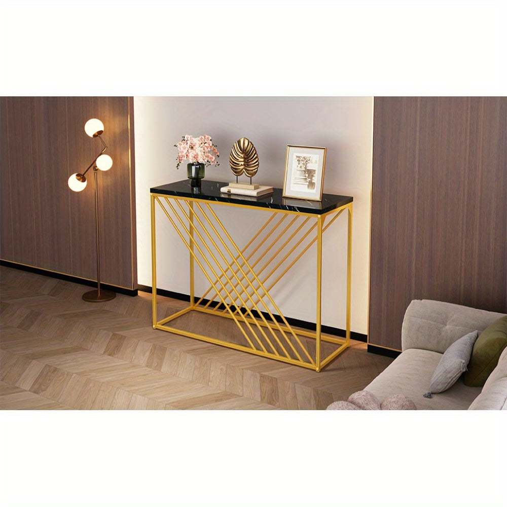 Sidetable – Consoletafel – Wandtafel – Haltafel – Bijzettafel – Modern Zwart Metaal – Gouden Poten – MDF Hoogglans – 100x35x77 cm – Eenvoudige Montage