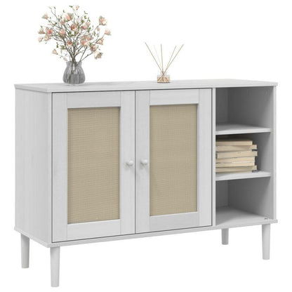 Modern Rattan Look Sideboard with Removable Shelves - Solid Pinewood, 3-Drawer & Open Shelf Design, Light Beige Finish for Living Room Organization, 112x40x80cm, Sideboard Cabinet, Minimalist Decor, Natural Wood Texture