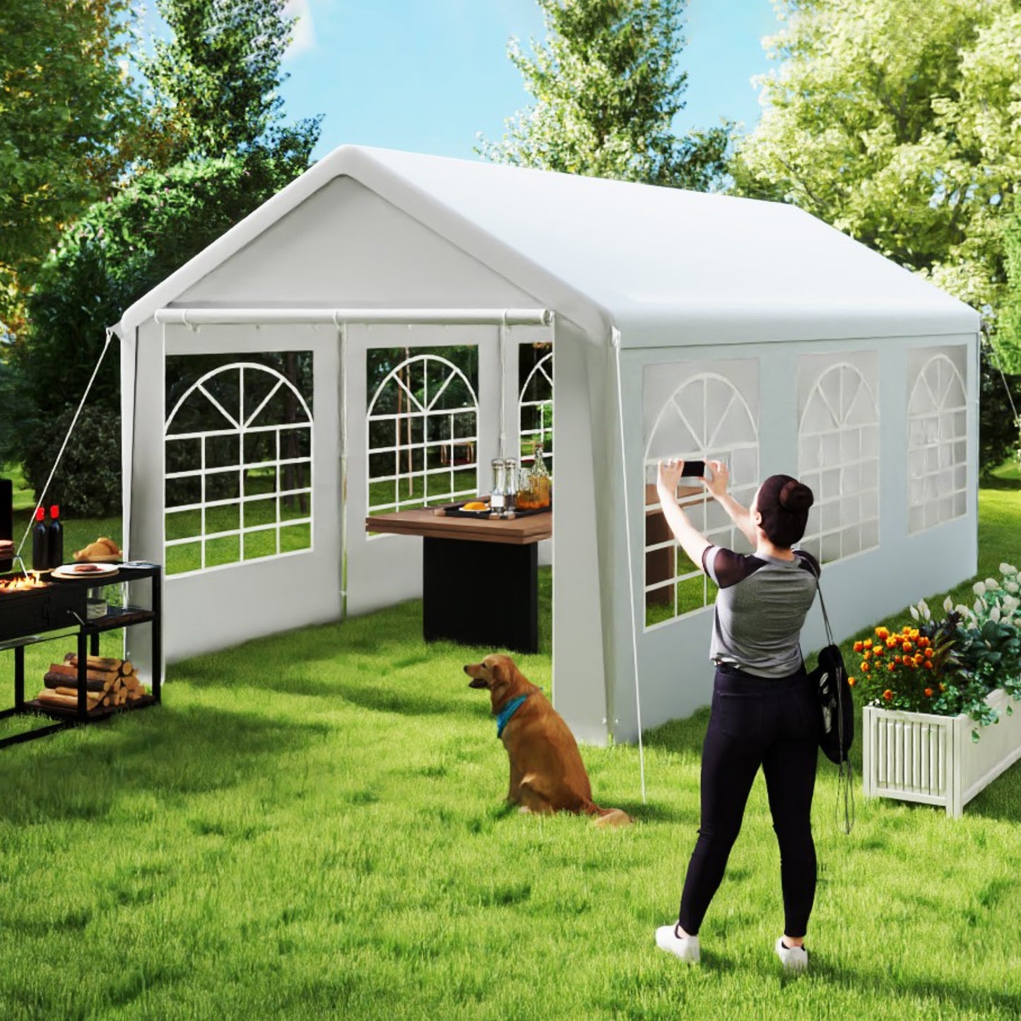 3x6m Party Tent Camping Tent Foldable Tent with Side Panels and Windows Garden Pavilion for Garden Parties, Festivals, Weddings (White/Grey)