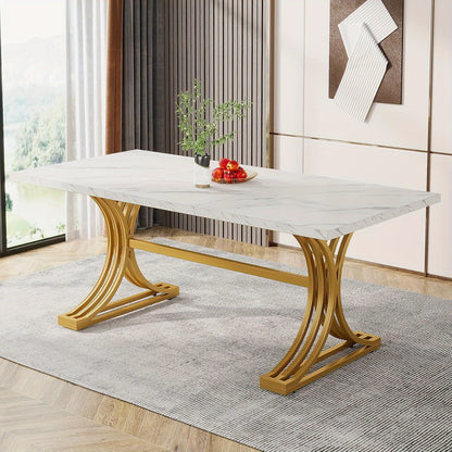 Eettafel – Tafel – Keukentafel – Dinertafel – Eetkamertafel – Rechthoekig – Wit met Gouden Accenten – Met Metalen Trestle Poten – 63 Inch voor 4-6 Personen
