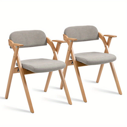 Vouwstoel – Inklapbare Eetkamerstoel – Klapstoel – Kampeerstoel – Tuinstoel – Set van 2 – Licht Houten Frame – Beklede Grijze Zitting
