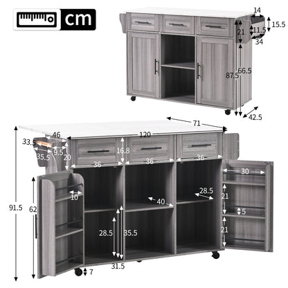 Modern Mobile Storage Island with White Marble Surface & Grey Body - Space-Saving Kitchen Island with Open Shelving, Drawers & Cabinet Doors