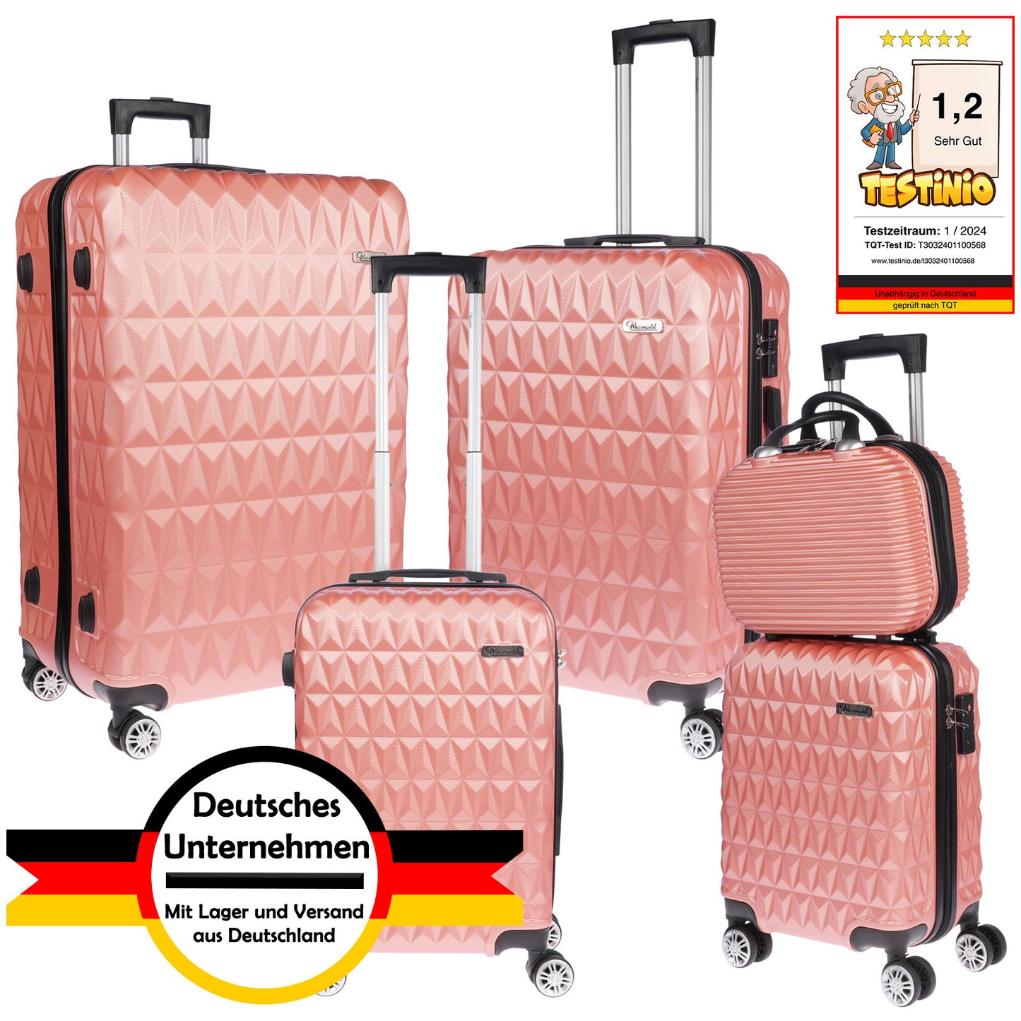 5-Delige Harde Koffer Set – Reiskoffer Set – Trolley Set – Hardcase Koffers – Ruime Koffer Set Roze Goud – Uitbreidbare Koffer – TSA Slot & 15% Meer Inhoud