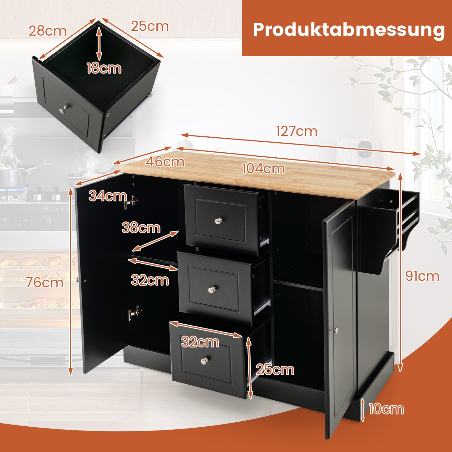 Mobiele Keukenwagen – Keukentrolley – Keukenkar – Keukenmeubel – Serveerwagen – 5 Verborgen Wieltjes – Rubbenhouten Werkblad 104x46 cm – Wit