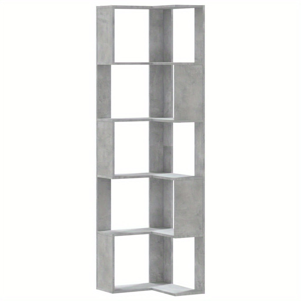 Hoekboekenplank – Boekenkast – Hoekkast – Wandrek – Opbergmeubel – Betonlook Grijs – 5 Planken – 50x50x179 cm – Hout en Kunstboard
