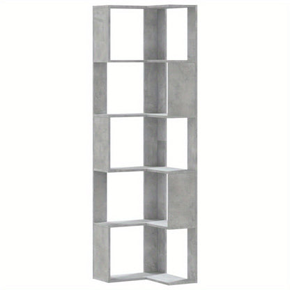 Hoekboekenplank – Boekenkast – Hoekkast – Wandrek – Opbergmeubel – Betonlook Grijs – 5 Planken – 50x50x179 cm – Hout en Kunstboard