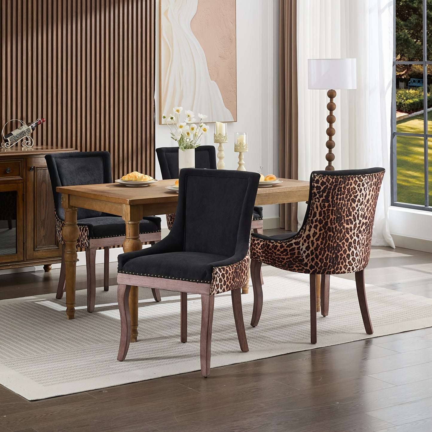 Eetkamerstoel – Stoel – Zithoekstoel – Eetkamerstoel Met Metalen Frame – Kuipstoel – Ergonomische Rugleuning – Stevig Metalen Frame – Set Van 2 – Beige/Grijs Met Luipaardprint
