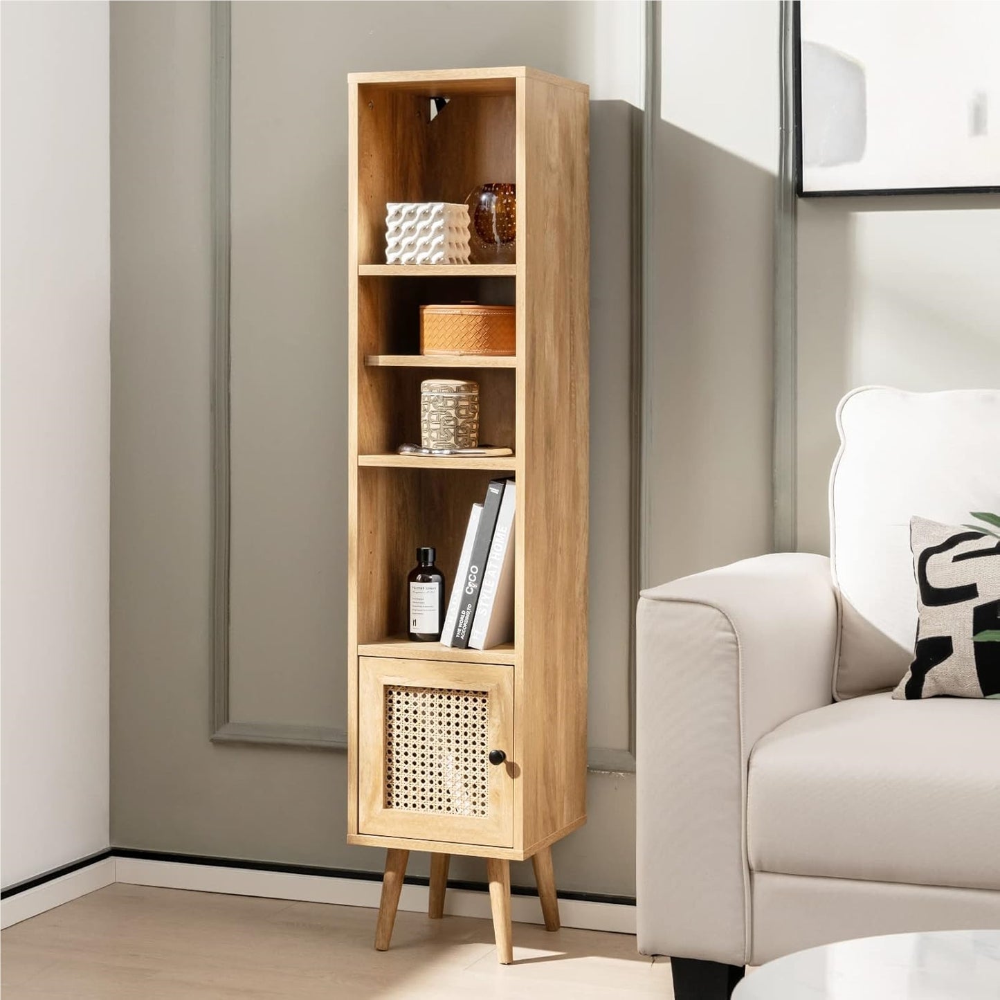 Hoge Kast – Opbergkast – Boekenkast – Kolomkast – Smalle Kast – Rattan Deur – Verstelbare Planken – Massief Hout Oak