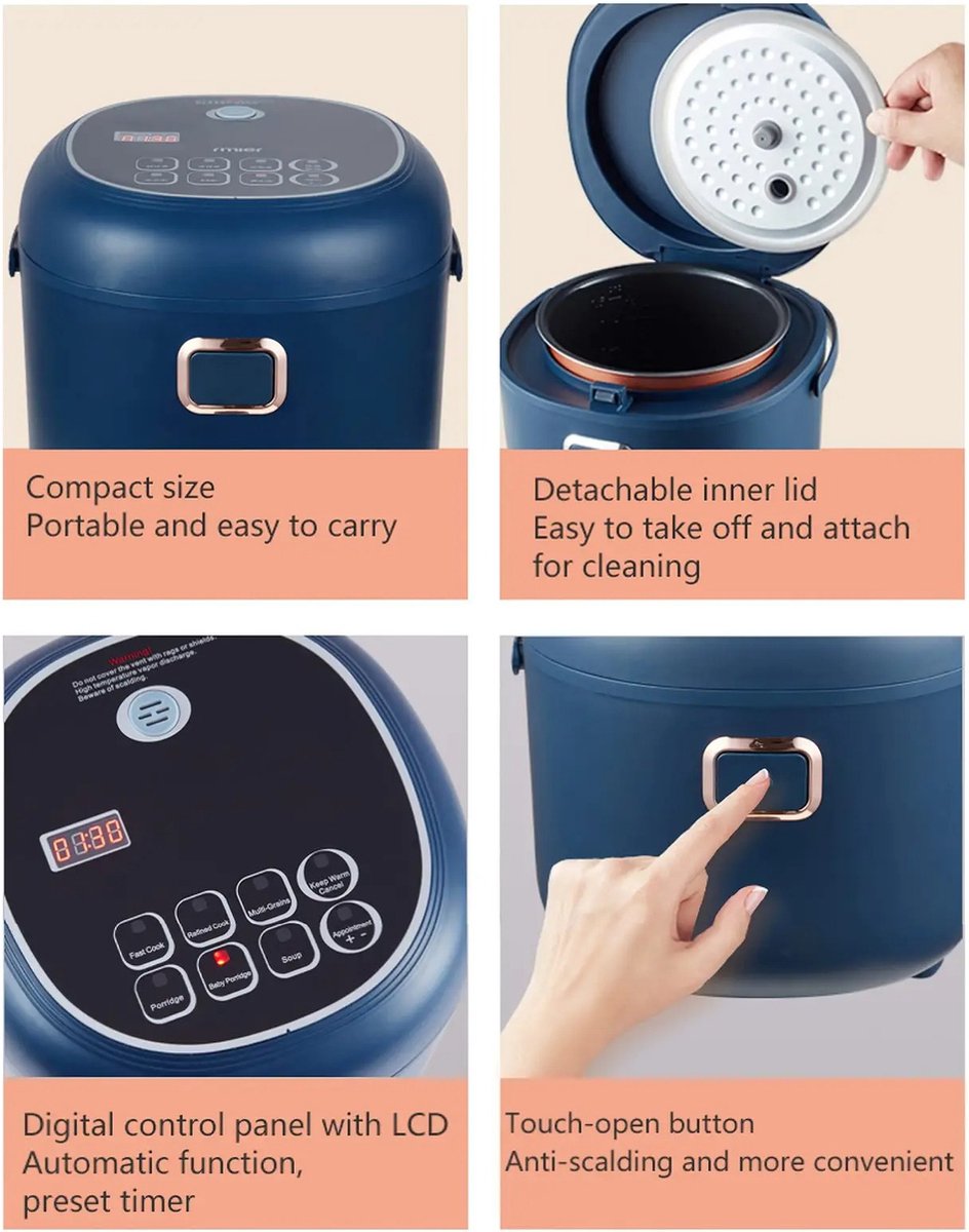 Rijstkoker - Multicooker - 3-4 Mensen - Stomer - Opwarmmaaltijden - 5 Laags - Vrachtwagen - Auto - Thuis - Werk - 12V / 24V - 200W - Blauw