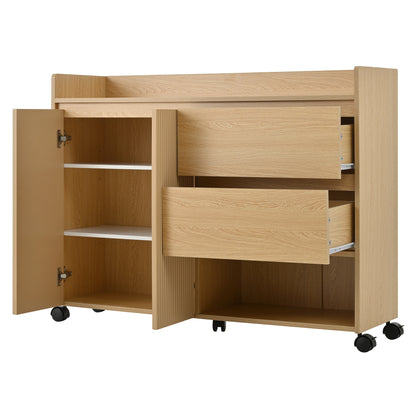 BTM Shoe Cabinet with Wood Look, Wheels, and Brake, Dresser with Adjustable Shelves, Drawers, and Open Compartments, Modern Hall Cabinet for Entryway or Living Room, 110×35×86 cm