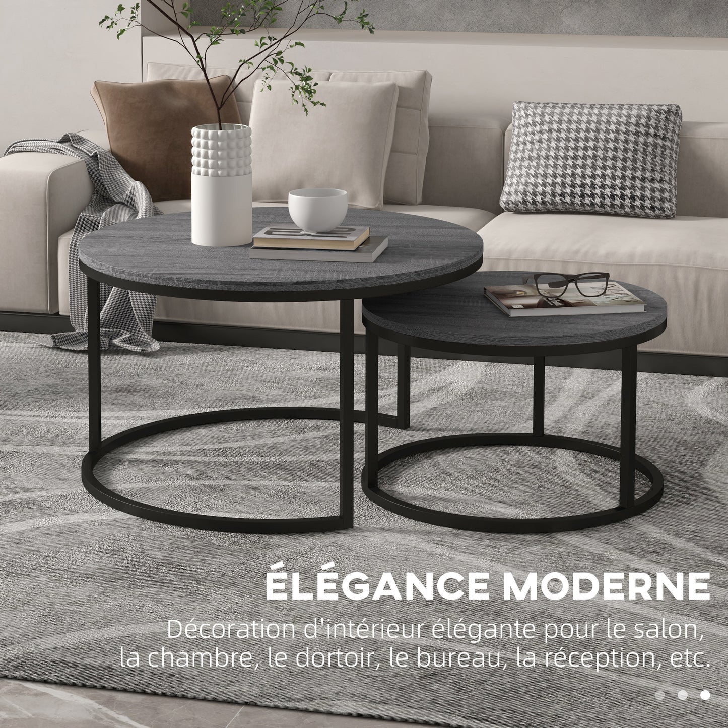 Set Van 2 Bijzettafels – Ronde Salontafel – Nestbare Tafels – Zwarte Tafel – Industrieel Design – Metaal Frame – Compact En Stevig