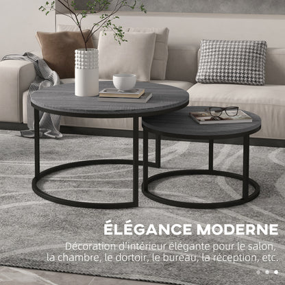 Set Van 2 Bijzettafels – Ronde Salontafel – Nestbare Tafels – Zwarte Tafel – Industrieel Design – Metaal Frame – Compact En Stevig
