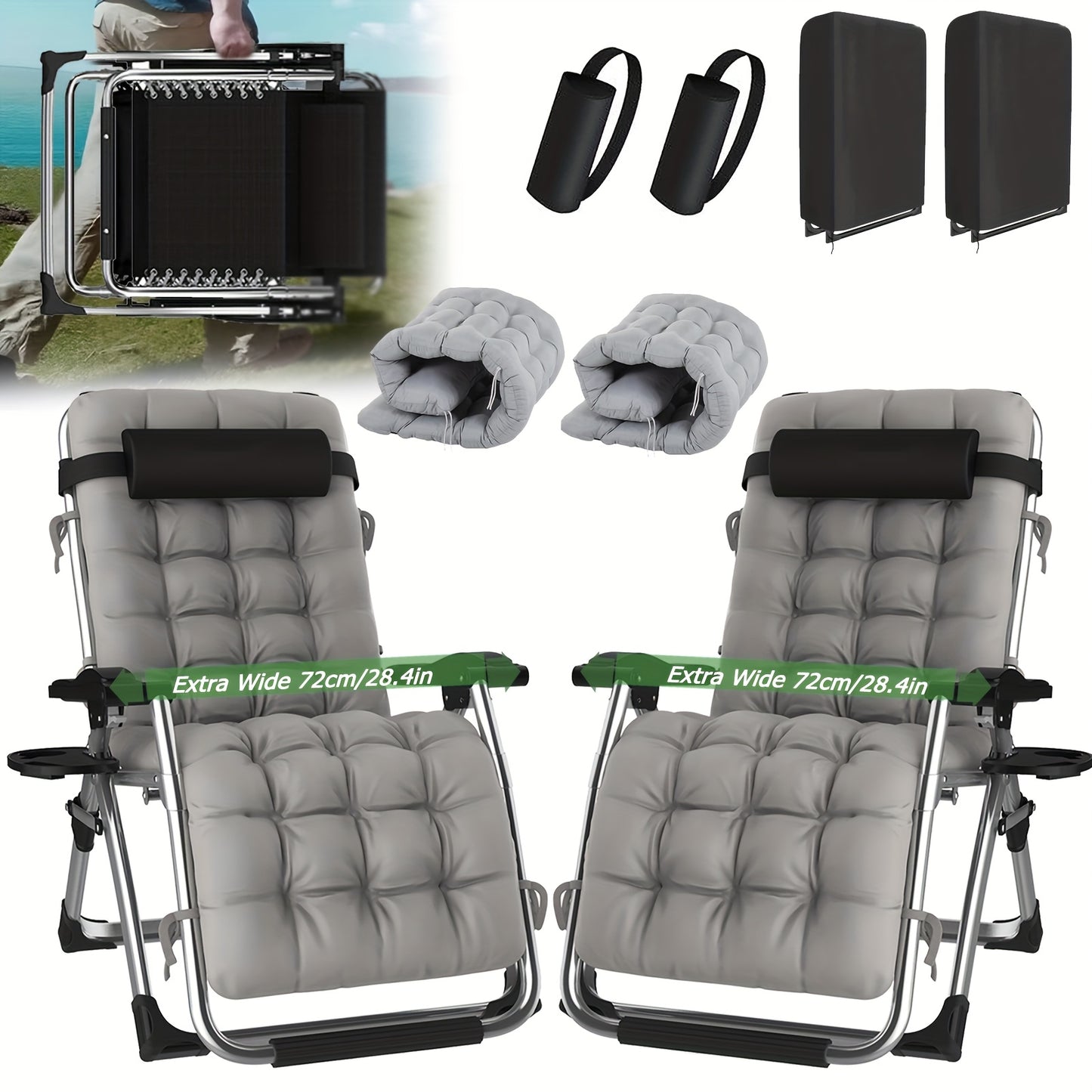 Loungestoel – Ligstoel – Tuinstoel – Relaxstoel – Vouwstoel – Set Van 2 – Comfortabel Memory Foam – Verstelbare Rugleuning