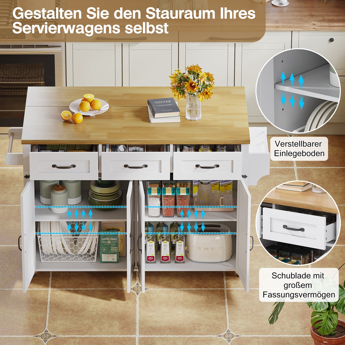 Keukeneiland – Keukentrolley – Keukenkast – Buffetkast – Serveerwagen – Uitklapbaar Werkblad 70 cm – Stevig MDF Wit 140x43(70)x90,5 cm