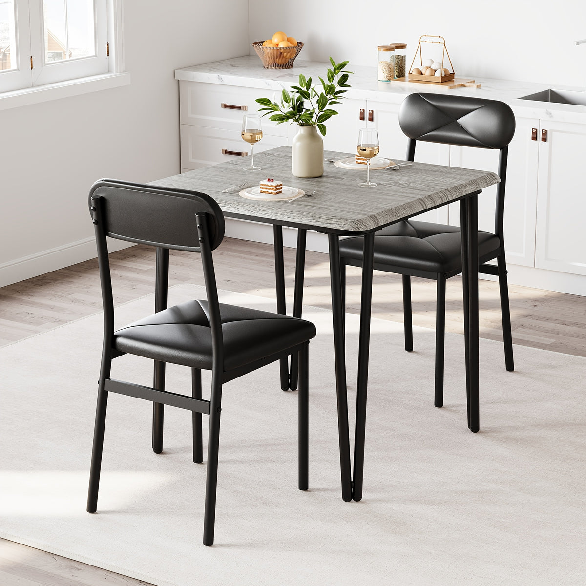 3pcs Compact Dining Table Set for 2 with Upholstered Chairs - Space-Saving Square Kitchen Table & Chairs Suitable for Small Spaces, Apartment, Studio - Modern Metal Furniture (Easy Assembly)
