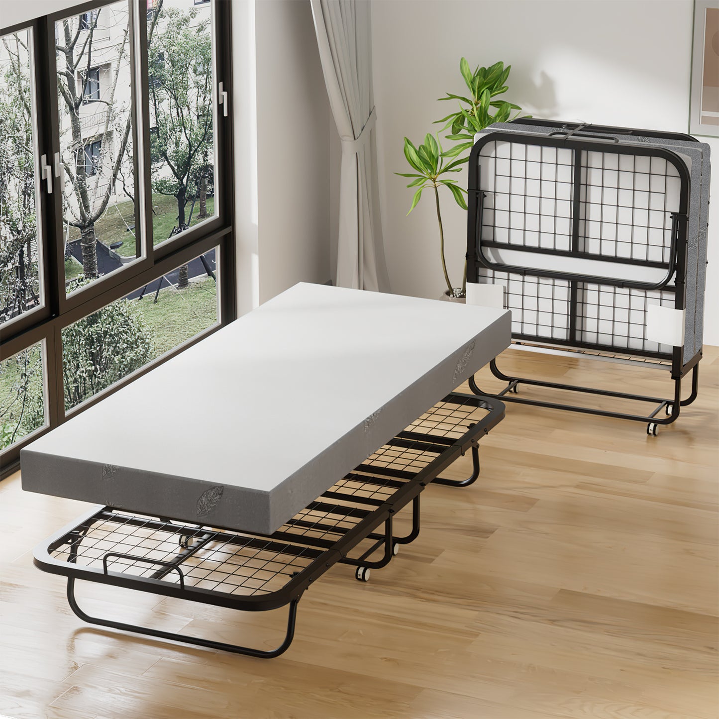 Opvouwbaar Bed – Logeerbed – Vouwbed – Gastbed – Klapbed – Met 13 Cm Dikke Matras – Carbonstalen Frame Met Wieltjes 90x200 Cm