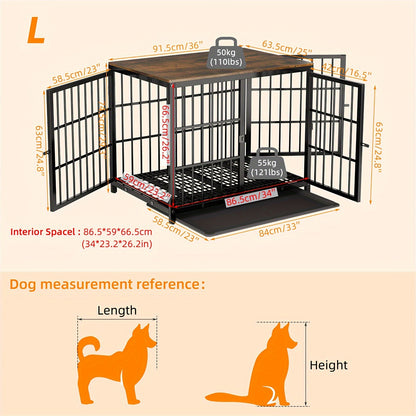 BINGOPAW XXL/XL/L/M Wooden Dog Crate | Heavy Duty with Thick Round Metal Tubes, Removable Multifunctional Tray, 45.36KG Load Bearing Top, Indoor Dog House, Dog Bed Style Cage for Small to Large Dogs
