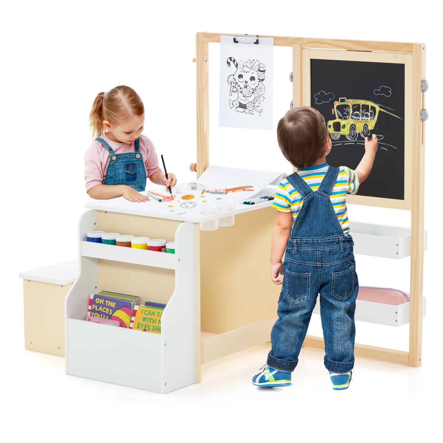 Kindertekentafel – Kindertafel – Tekentafel – Activiteitentafel – Speeltafel – Dubbelzijdige Krijtbord & Whiteboard – Verstelbare Hoogte & Opbergruimte