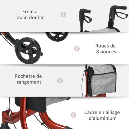 3-wiel rollator – wandelwagen – loophulp – rollator met remmen – inklapbare rollator – verstelbare hoogte 86,5-99 cm – lichtgewicht aluminium frame – met opbergtas – rood