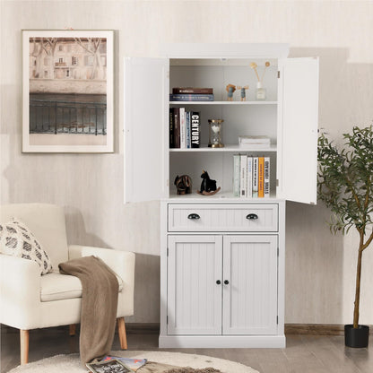 Houten Keukenkast – Keukenkastje – Bergkast – Opbergkast – Dressoir – 4 Deuren en Laden – Verstelbare Planken – Vrijstaande Hoge Kast – Wit – 76x40x183 cm
