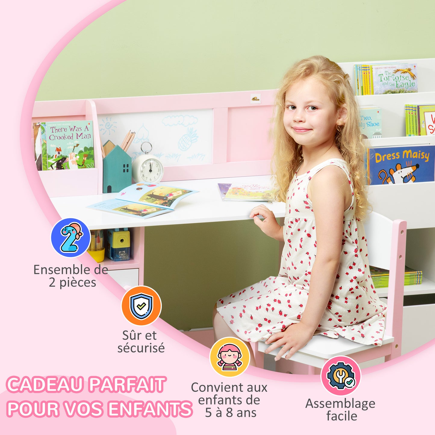Kinderbureau – Kindertafel – Kinderschrijftafel – Kinderwerkplek – Kindermeubelset – Inclusief Whiteboard – MDF Roze 90x45x85 cm