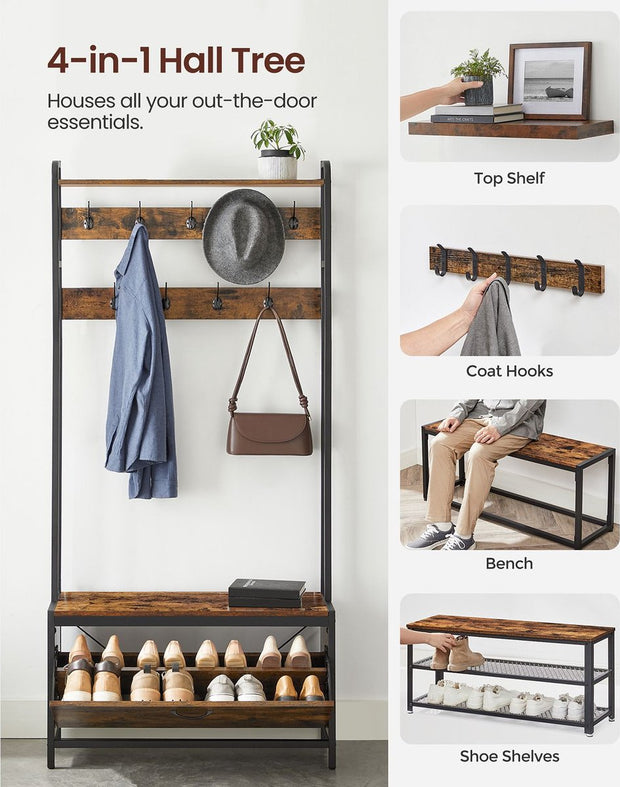 Vasagle Coat rack with shoe cabinet - coat rack with bench - clothes rack - shoe rack - 9 hooks - top shelf - for hall - bedroom - industrial design - vintage brown - Black