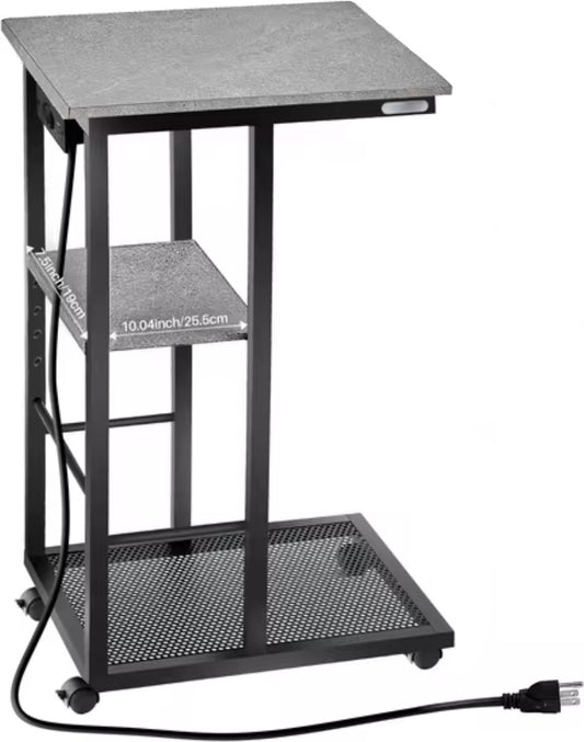 Sidetable - C-vorm eindtafel - Banktafel - Bijzettafel - Op wieltjes - Usb/Usb-c - Stopcontact - Grijs/Zwart