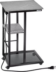 Sidetable - C-vorm eindtafel - Banktafel - Bijzettafel - Op wieltjes - Usb/Usb-c - Stopcontact - Grijs/Zwart