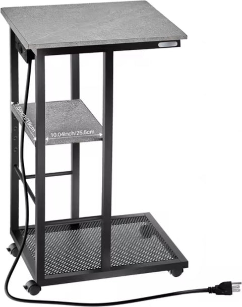 Sidetable - C-vorm eindtafel - Banktafel - Bijzettafel - Op wieltjes - Usb/Usb-c - Stopcontact - Grijs/Zwart