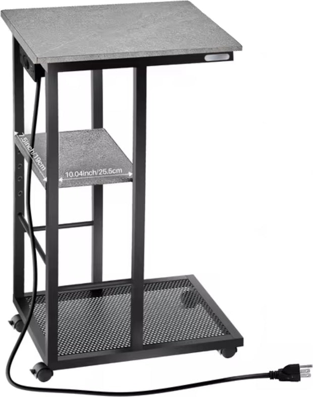 Sidetable - C-vorm eindtafel - Banktafel - Bijzettafel - Op wieltjes - Usb/Usb-c - Stopcontact - Grijs/Zwart