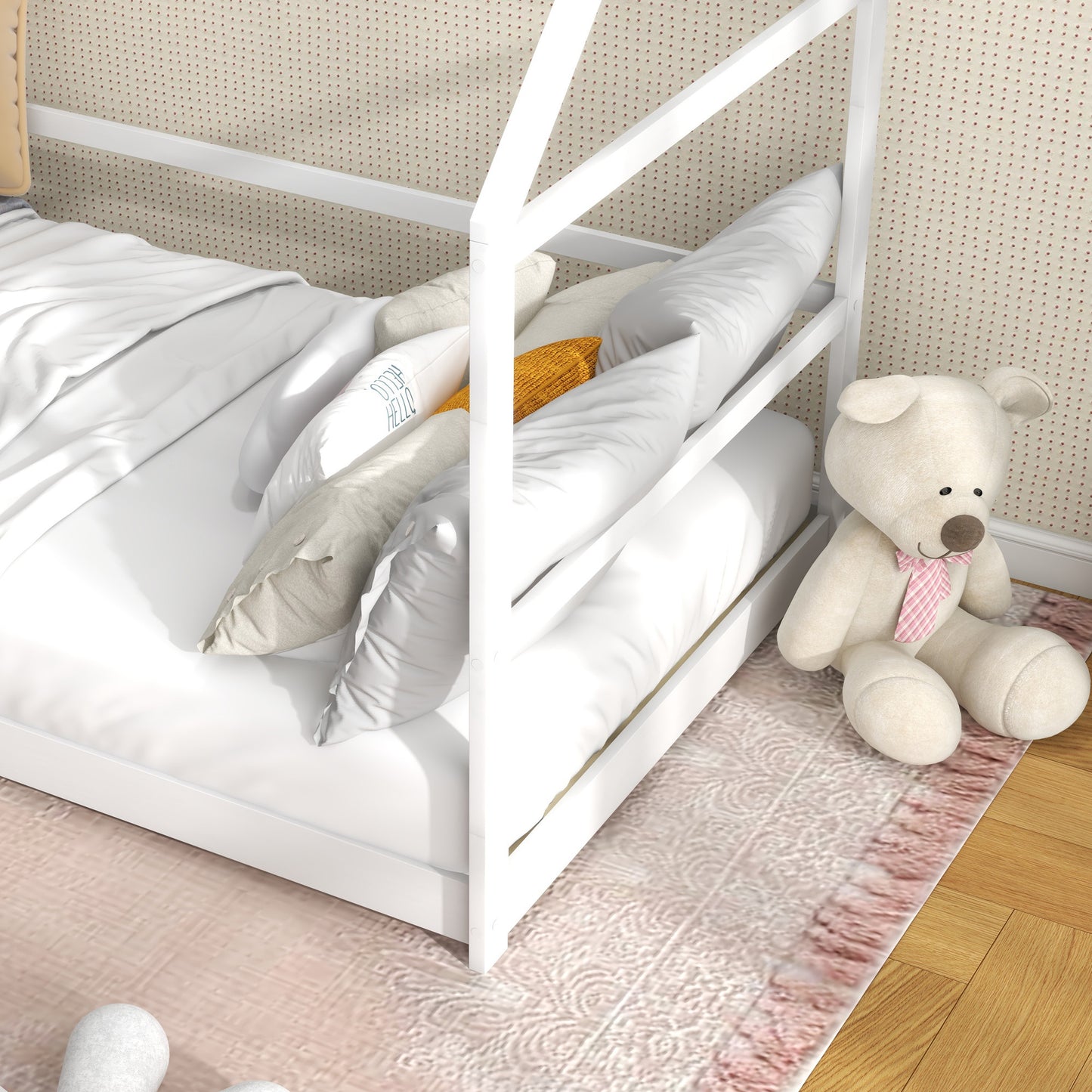 Kinderbed Huis – Cabin Bed – Bunk Bed – Speelbed – Huisbed – Houten Bed – Anti-Val Bescherming – Inclusief Lattenbodem en Dak – Wit – 90x190 cm