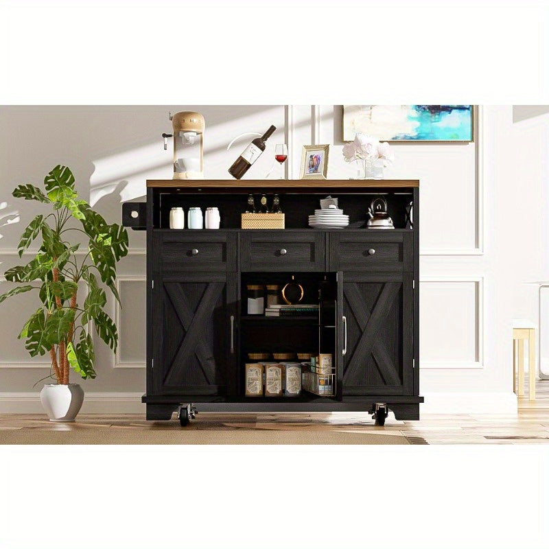 Modern Kitchen Island Cart 118x43x80x98cm - Metal Frame with Wood Grain Black Finish, 4 Locking Wheels, Removable Partitions & Towel Holder, Multifunctional Storage Cabinet for Dining & Living Spaces, Kitchen Furniture, Versa