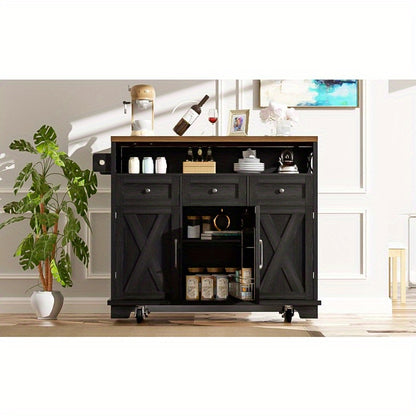 Modern Kitchen Island Cart 118x43x80x98cm - Metal Frame with Wood Grain Black Finish, 4 Locking Wheels, Removable Partitions & Towel Holder, Multifunctional Storage Cabinet for Dining & Living Spaces, Kitchen Furniture, Versa