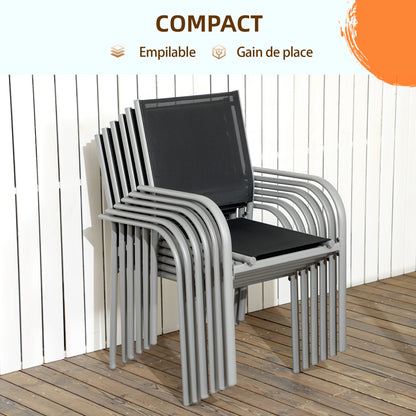 Tuinset – Tuinmeubelset – Bistroset – Loungeset – 7-delig – 6 Stapelbare Stoelen – Stalen Tafel Met Gehard Glas – Zwart