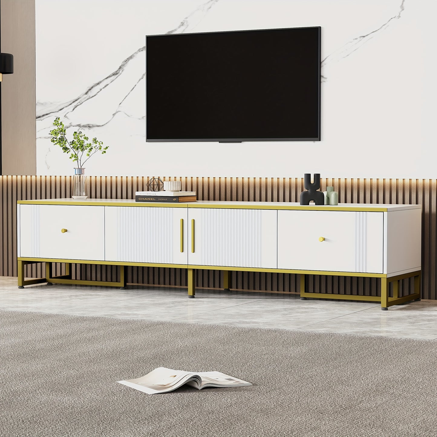 TV Meubel – TV Kast – TV Dressoir – TV Meubels – Media Meubel – Wit Met Gouden Rand – 180x40x40 cm – Verstelbare Poten & Kabeldoorvoer