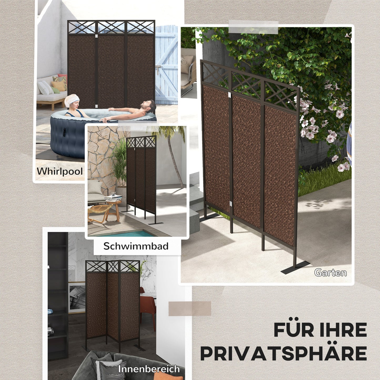 Roomdivider – Scheidingswand – Kamerscherm – Tuinscherm – Privacy Scherm – Vintage Design – Handgeweven PE Rattan – Weerbestendig Stalen Frame – 3 Panelen 148x33x181 cm – Bruin Zwart