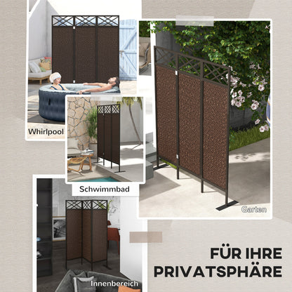 Roomdivider – Scheidingswand – Kamerscherm – Tuinscherm – Privacy Scherm – Vintage Design – Handgeweven PE Rattan – Weerbestendig Stalen Frame – 3 Panelen 148x33x181 cm – Bruin Zwart