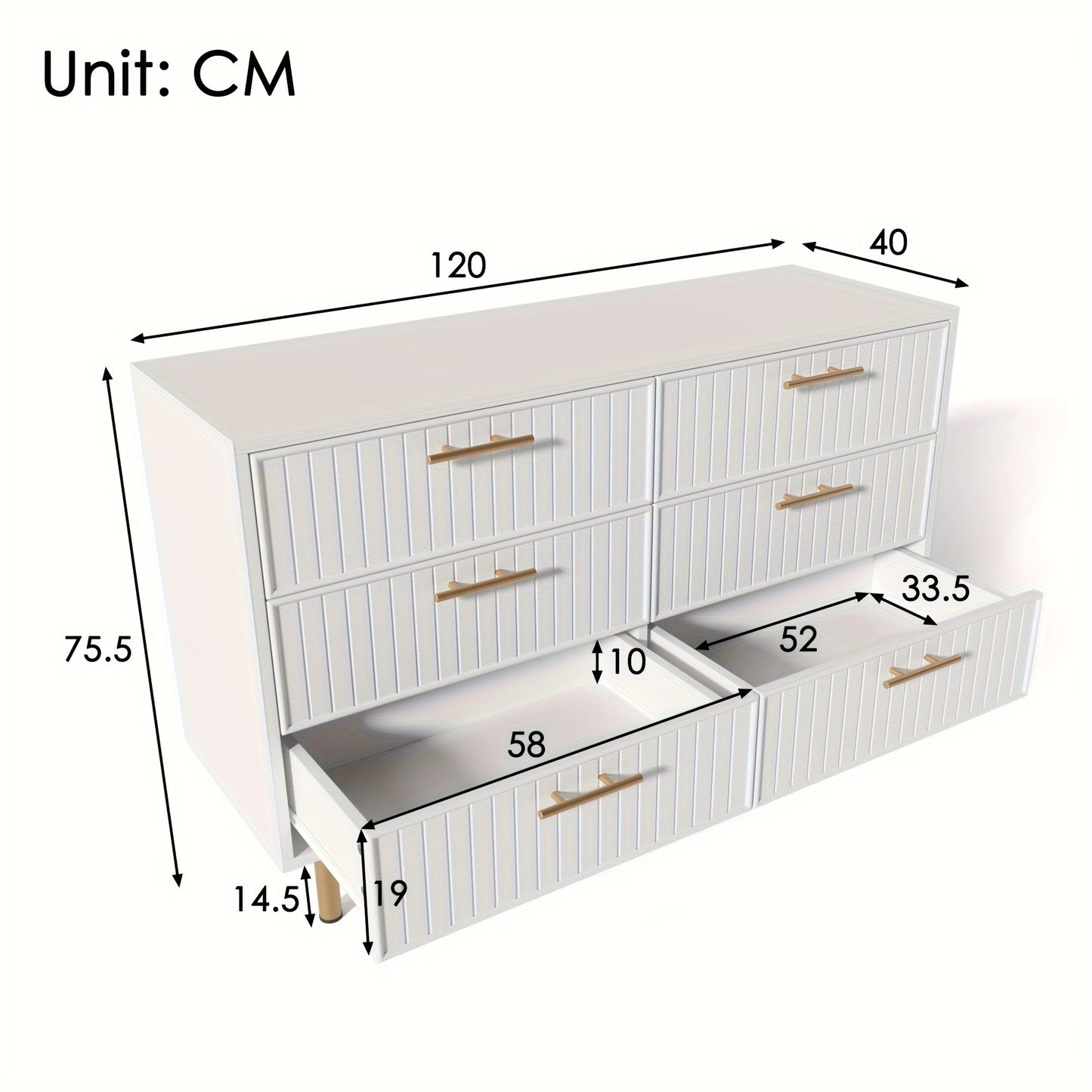 Ladekast – Ladenkast – Kommode – Dressoir – Opbergkast – Massief Houten Wit – 6 Lades Met Gouden Knoppen – Kant-en-Klaar Gemonteerd