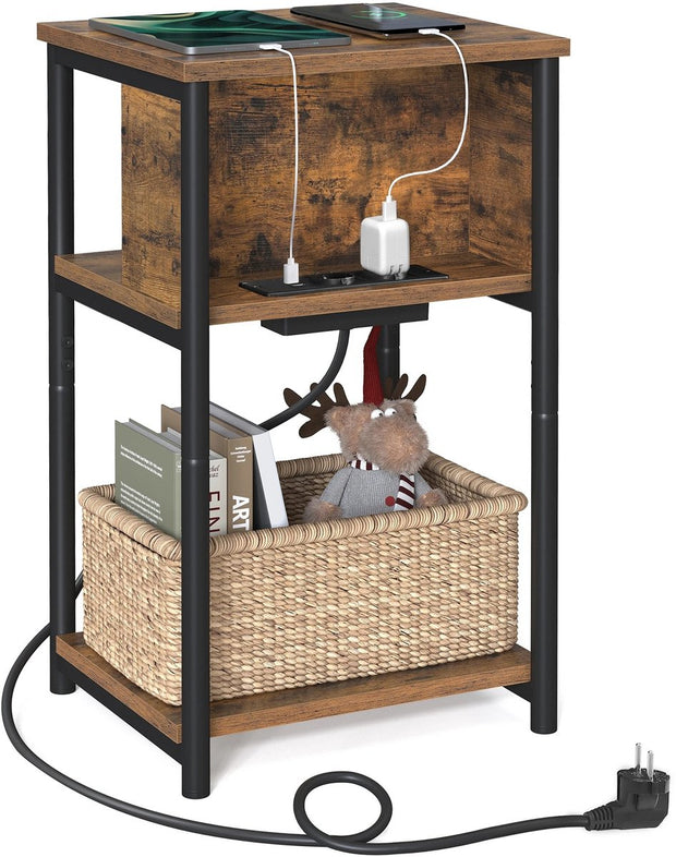 Bijzettafels Woonkamer - Bijzettafel Bank - Wandtafel - Kast met Stopcontact - 2 USB Poorten - 30 cm x 34 cm x 58 cm - Vintage Bruin/Zwart